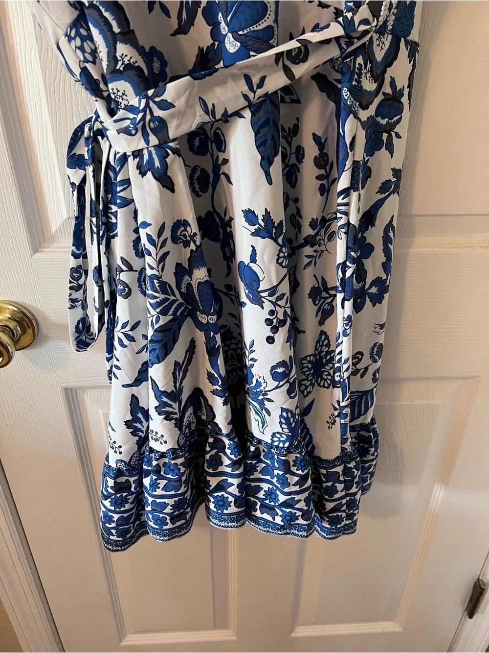 Boho Floral Print Short Sleeve Wrap V Neck Ruffle Hem A Line Dress Summer